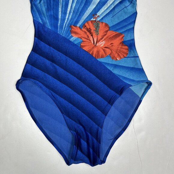 GOTTEX 1 Piece Bandeau Style Swimsuit Striped Blue With Hibiscus Flower Size 10 - Picture 3 of 9